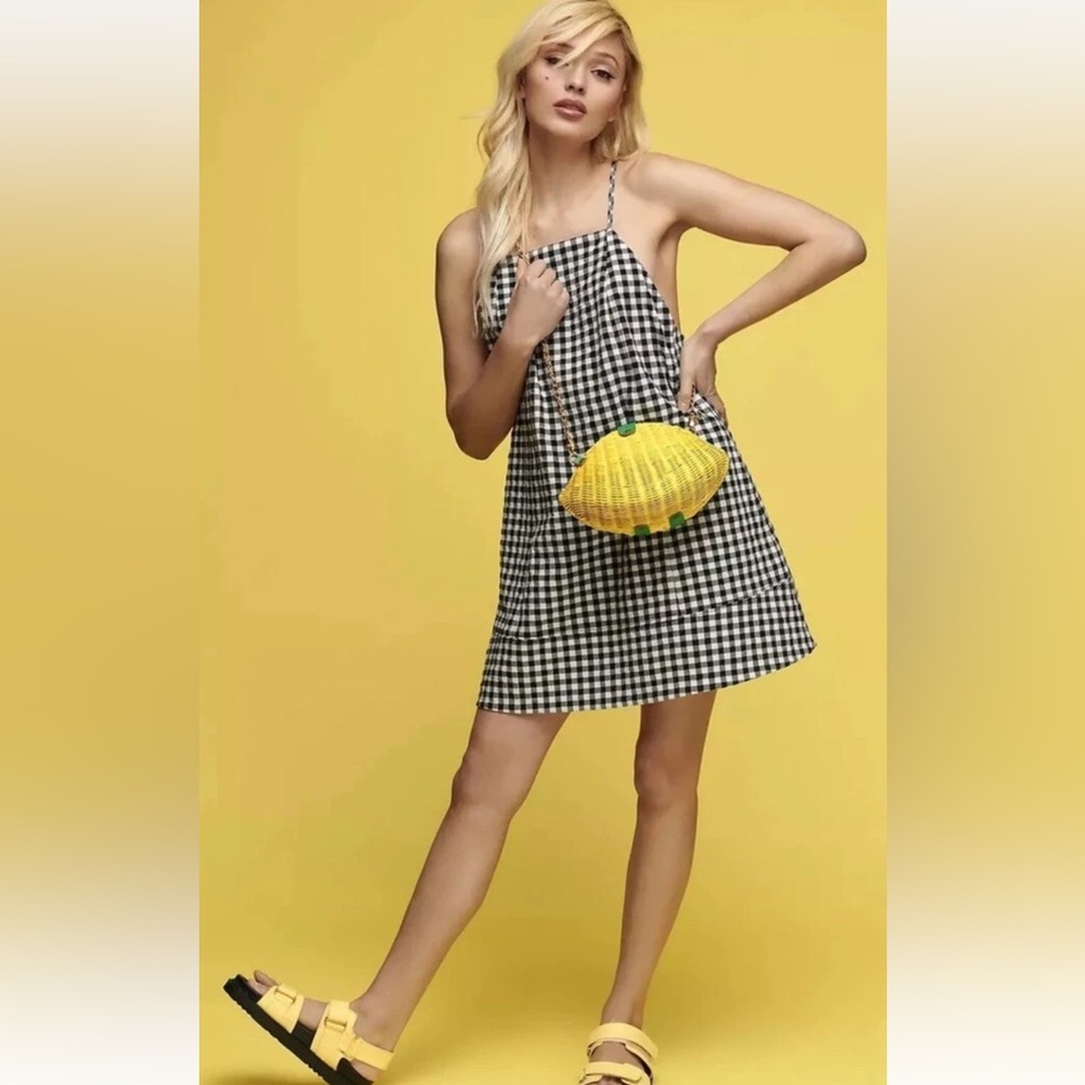 Anthropologie Gingham Tie-Back Mini Dress | Pockets | Size S